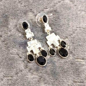 Vintage Black & Clear Rhinestone Pierced Dangle Earrings
